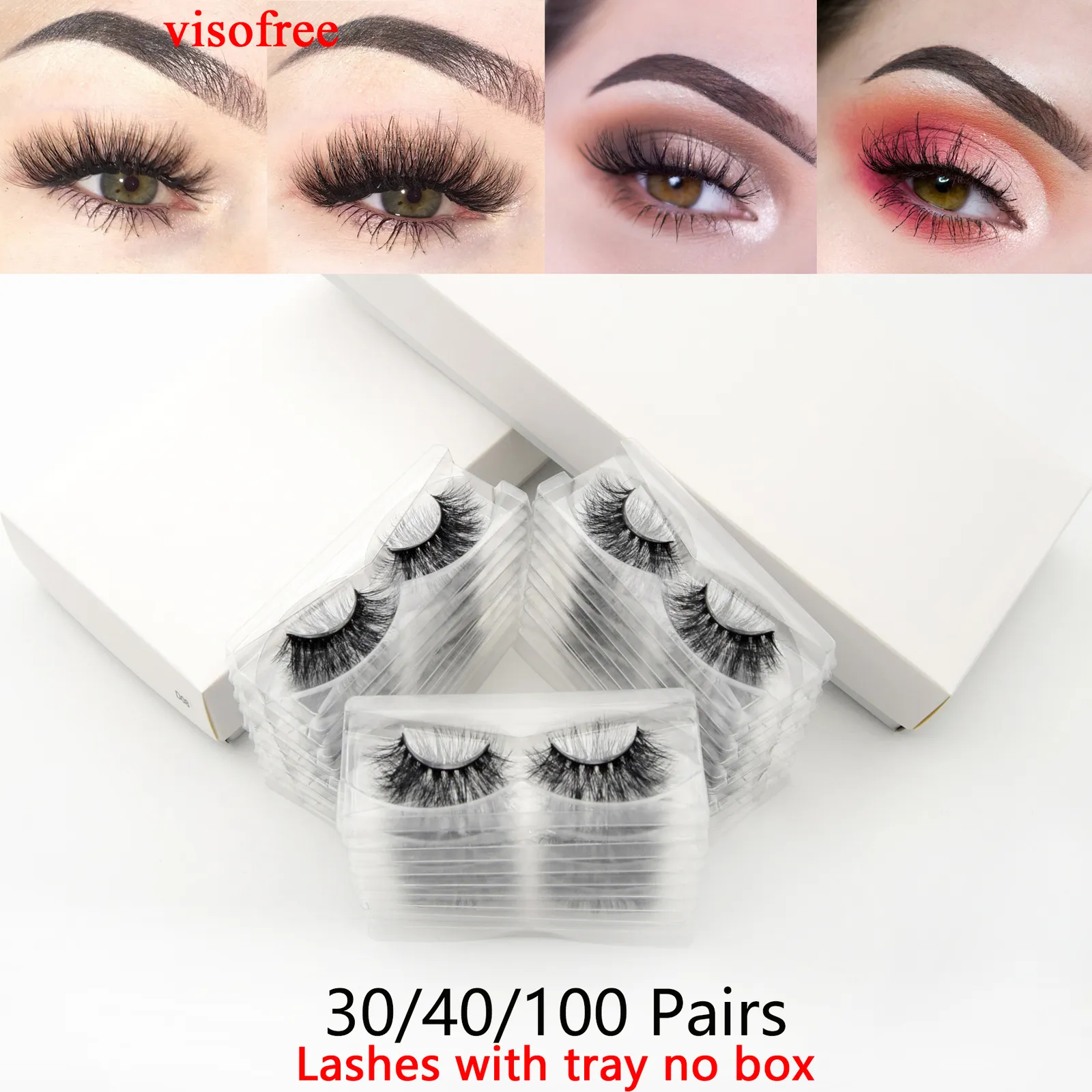 Eye Shadow Visofree 3040100 Pairs 3D Mink Lashes With Tray No Box Handmade Full Strip False Eyelashes Makeup eyelashes cilios 230211