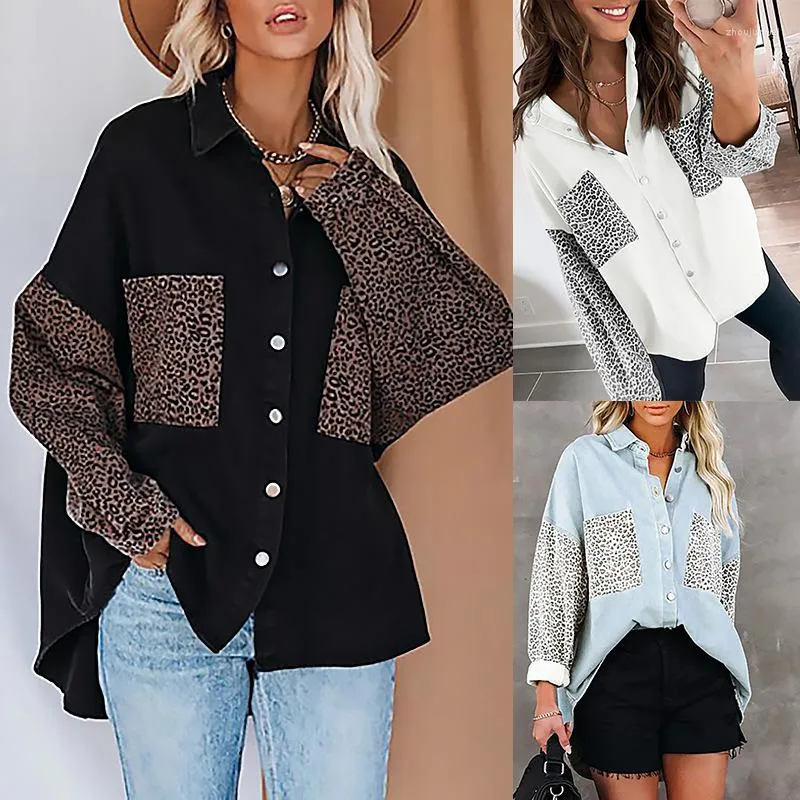 Kvinnors blusar Autumn Style Shirt Jacket Kvinnor Långärmad Pocket Leopard Print Lapel Cardigan Top Loose Irregular Femme Coat