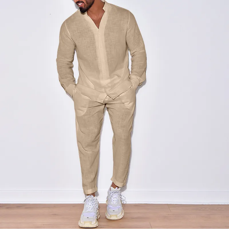 Men's Tracksuits 2023 Spring Fall Mens Suits Casual Cotton Linen Loose Solid Color Two Piece Set Leisure V Neck Shirt And Pants Outfits Men 230213