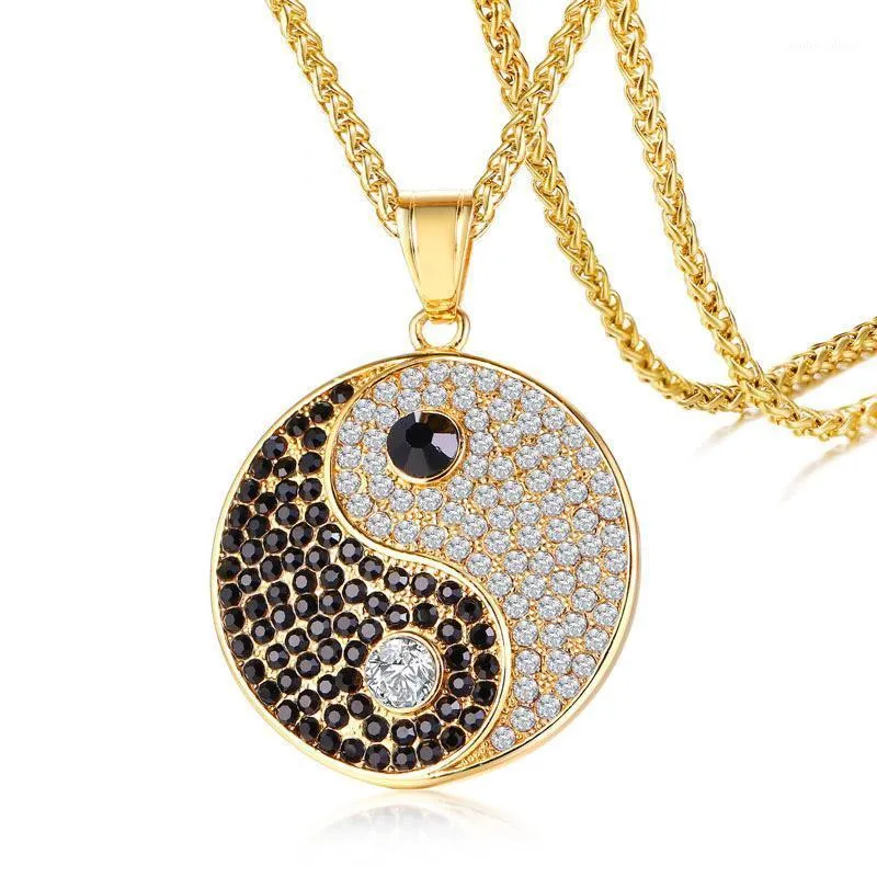 Pendentif Colliers Hip Hop Micro Pave Strass Bling Glacé Or En Acier Inoxydable Tai Chi Rond Pendnats Collier Pour Hommes Rappeur Bijoux1