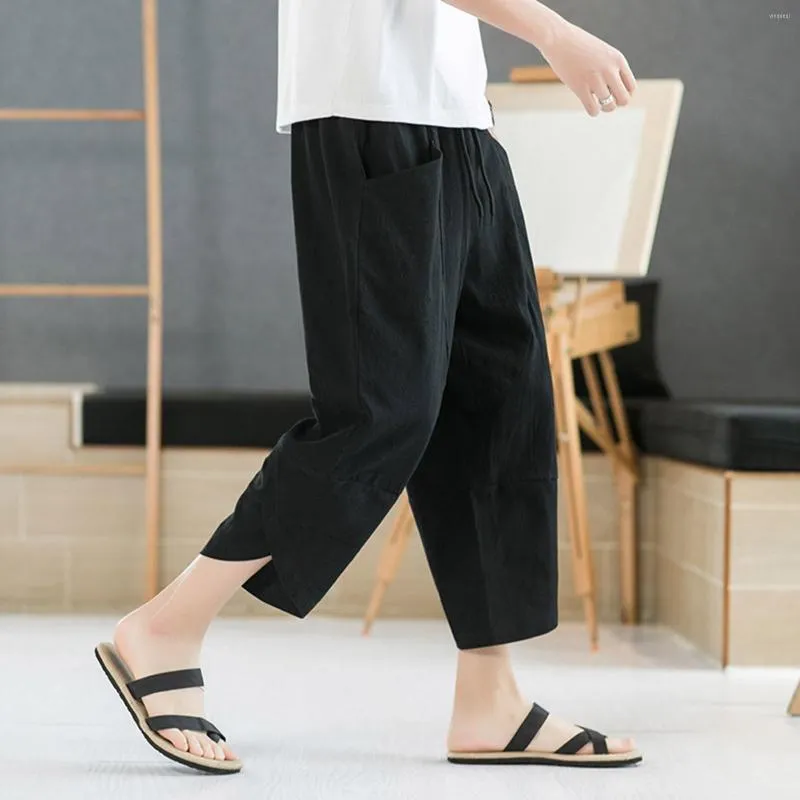 Men's Pants Summer Cropped Trousers Men's Thin Linen Casual Loose Large Size Harem Cotton Beach Shorts. Stocking Gift Boy