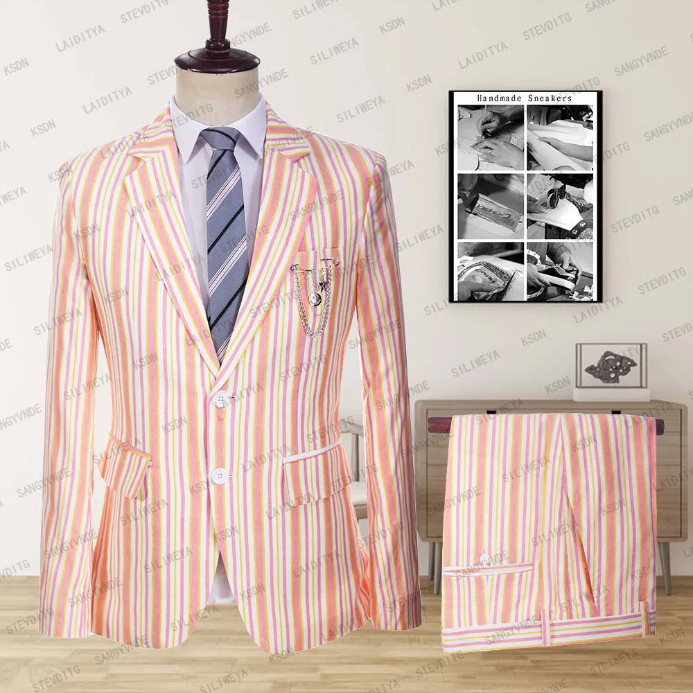 Abiti da uomo Blazer 2023 Lino Summer Striped Comodo cappotto traspirante Pantaloni 2 pezzi Set 230213