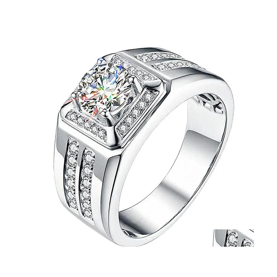 Mit seitlichen Steinen Luxus-Männer Sier-Ringe Frauen AAA-Zirkon-Moissanit-Ring für Jahrestag Vatertag Geburtstagsgeschenk Schmuck Drop Delive Dhtoz