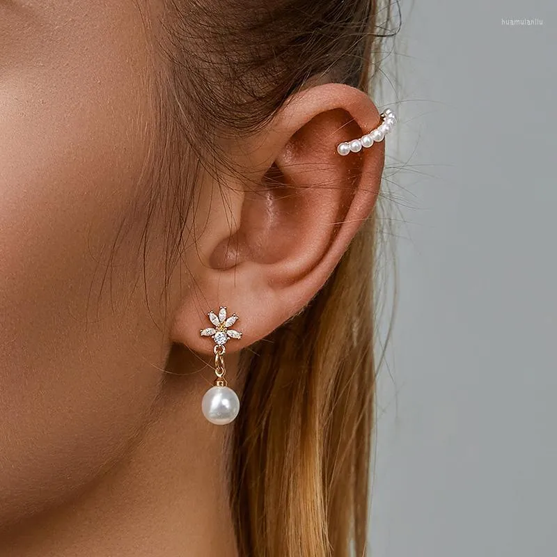 Studörhängen 2st/set Trendy Zircon Flower Geometric Simulated Pearl Ear Broskklipp på örhängen för kvinnliga damsmycken