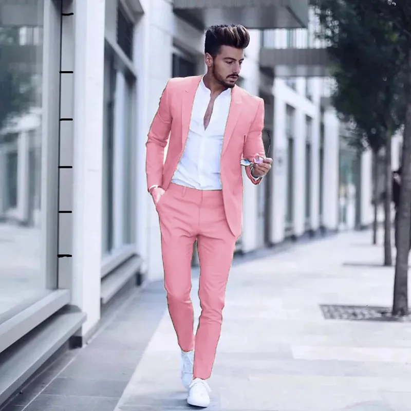 Trajes para hombre, Blazers, traje de negocios lujoso a la moda informal para esmoquin para fiesta de boda, solapa ajustada, chaqueta rosa para hombre, pantalones 230213