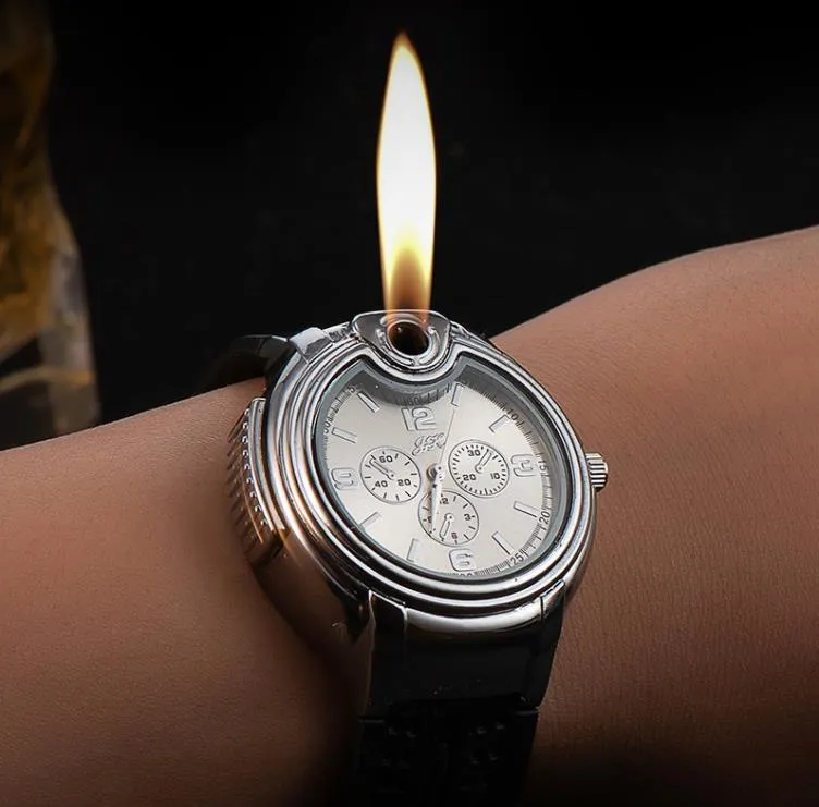 Orologio stile metallo aperto accendino a fiamma creativa sportivo da uomo apre orologi a fiamma regolabile Fmale EncendedorInventario all'ingrosso SN677