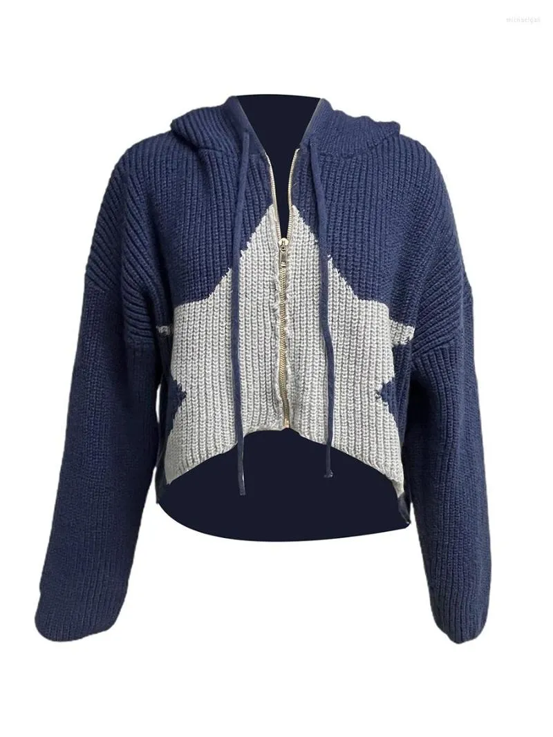 Maglioni cardigan da donna in maglia da donna - Felpa con cappuccio in maglia con zip a maniche lunghe con stampa a stelle Capispalla con cappuccio aperto sul davanti