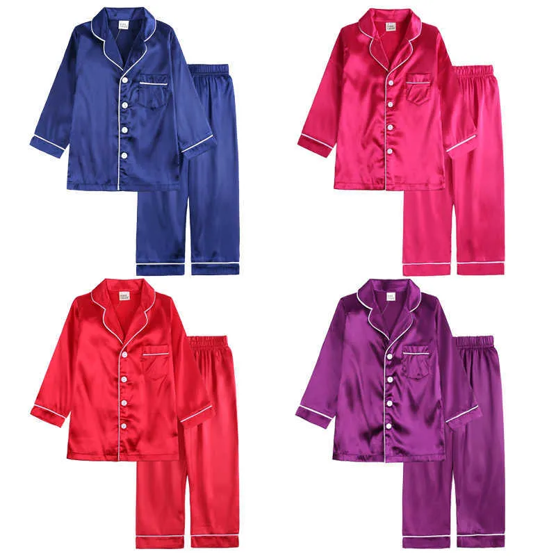 Kläder sätter nya sommarbarnskläder Pyjama Set Stain Silk Soft Solid Color bekväma barn flickor pojkar pyjamas sömnkläder kostym