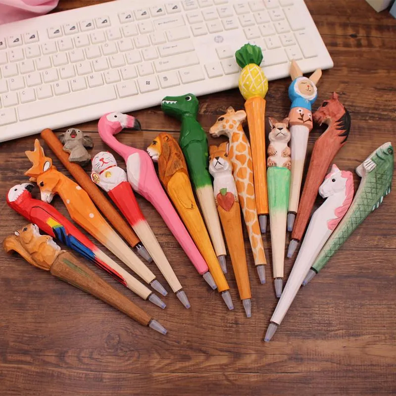 Gel Pens Creative Woodcarving Animal Pen Craft Gift Pineapple Sun Flower Giraffe Shape Signature Office Accessories