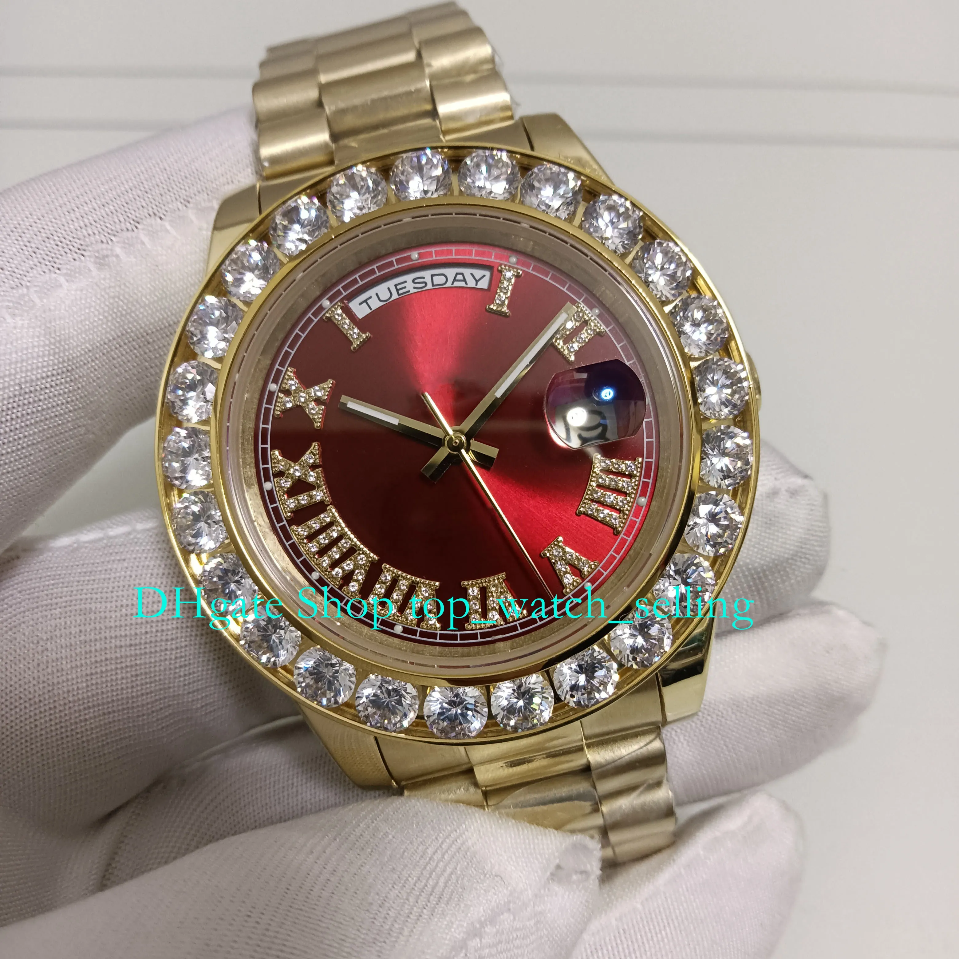 Med Box 5 Style Automatiska klockor för Mens Big Diamond Bezel Red Dial 43mm 18K Gul guldarmband Mekaniska armbandsur armbandsur Mäns klockor