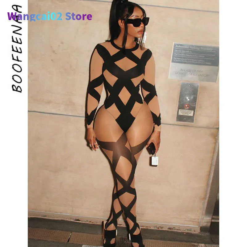 Women's Tracksuits BOOFEENAA Black Nude Plaid Print Sexy 2 Piece Set Women Club Outfits Mesh Sheer Bodycon Jumpsuit Matching Sets 021323H