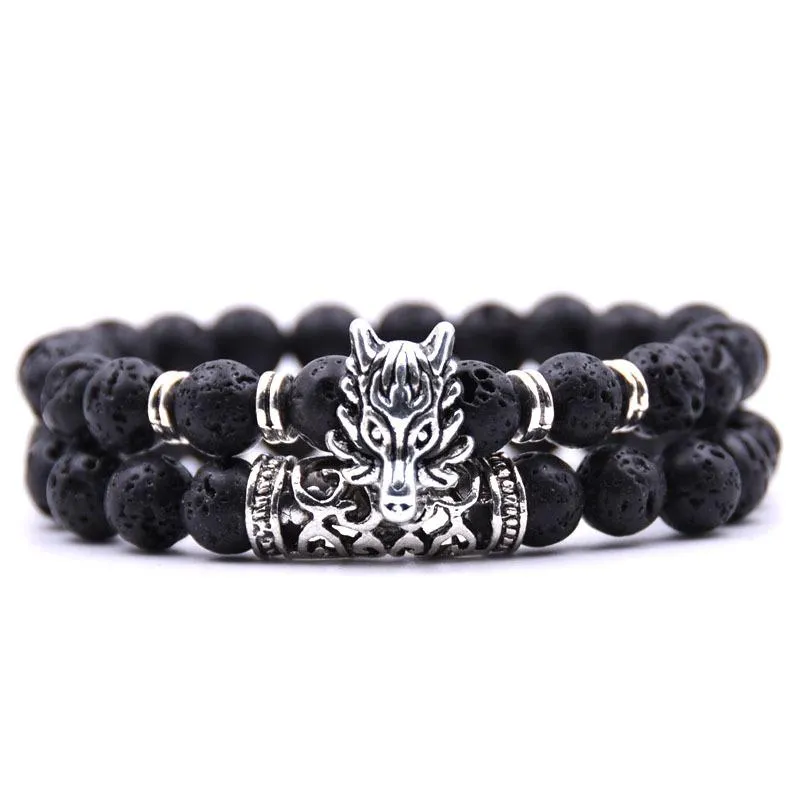 STRAND 2PCS/SET PAAR Tijger Eye Stone Armbanden Bangenbanden Classic Black Wit Natuurlijke Lava Stones Charm Bead Bracelet Men Fashion Jewelr