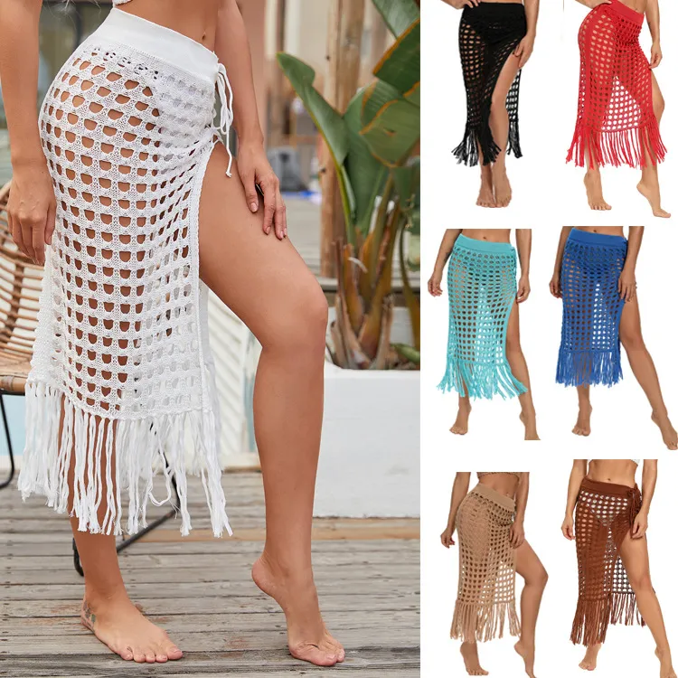 Zomer bikini cover-ups strandkleding rokken stcy1329 dames sexy perspectief uitgeholde gebreide rok split kwastje graden strandrok zwemmen casual outfit uitrusting