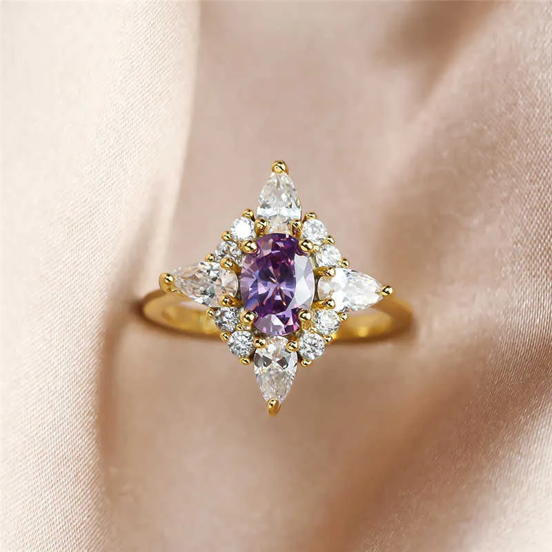 Anneaux de bande Vintage femme violet cristal pierre bijoux mignon couleur or anneaux de mariage pour les femmes de luxe ovale fiançailles saint valentin cadeau G230213