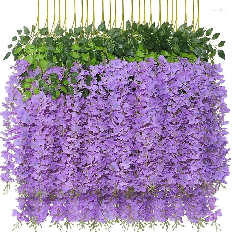 Decoratieve bloemen Wisteria kunstmatig 12 -koppig feest paarse rattan nep plant wijnstok hangin slinger bruiloft decor zijden huis