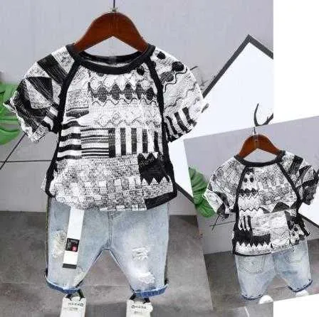 Setler Toddler Boy Takım Yaz Çocuk Çocuk Günlük İçi Boşluk Şortlu Tshirt Denim Şort Moda Giyim Seti