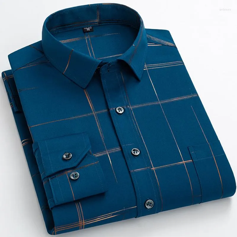Chemises habillées pour hommes 2023 Stretch Non-iron Elastic Regular Fit Long Col rabattu Imprimé Shirs Stamped