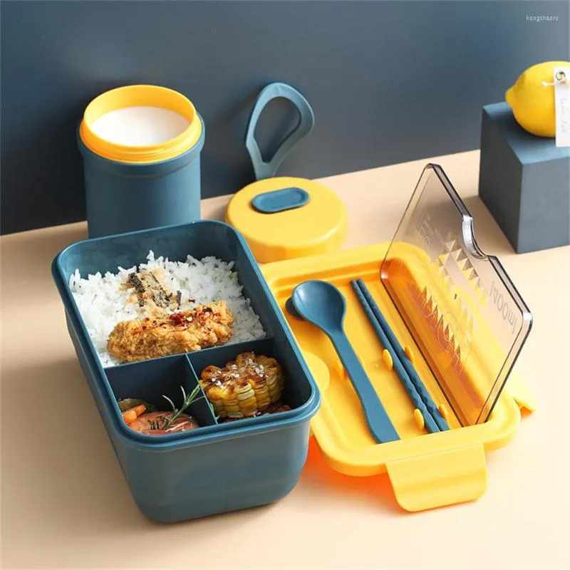 Set di stoviglie Contenitore per il pranzo di grande capacità da 1400 ml per Bento a tre scomparti in plastica a prova di perdite per studenti scolastici con stoviglie