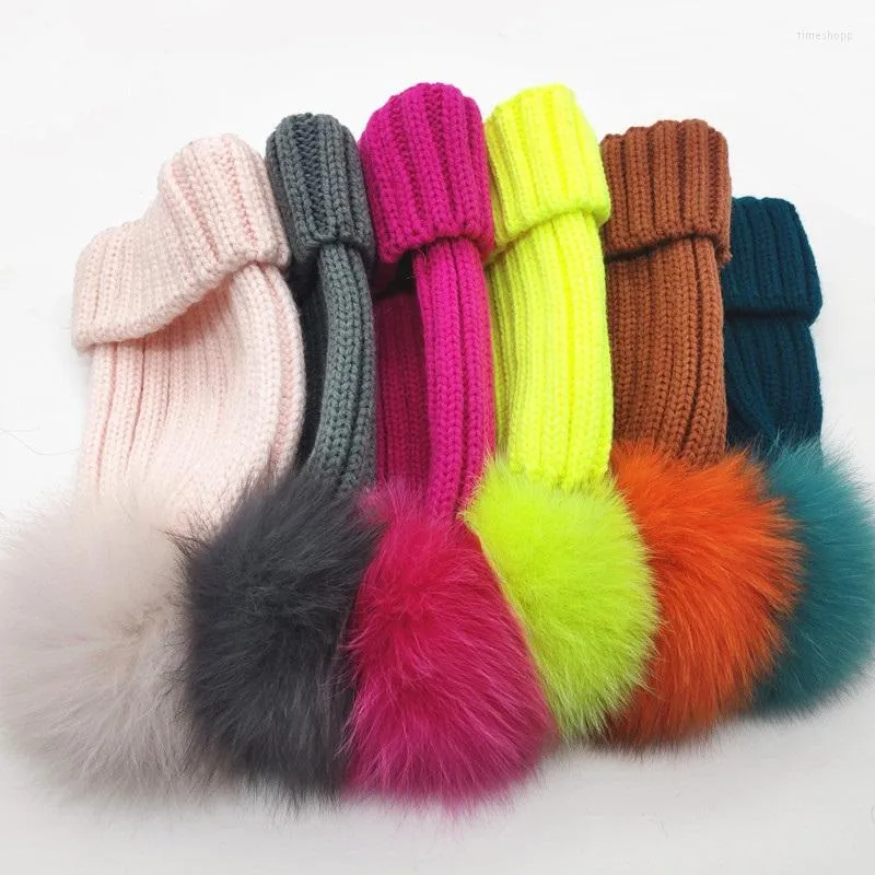 Berets Winter Big Real Fur Pompoms Knitted Beanies Caps Thick Warm Knit Hats Gorras For Girls Women Boys Kids Hat