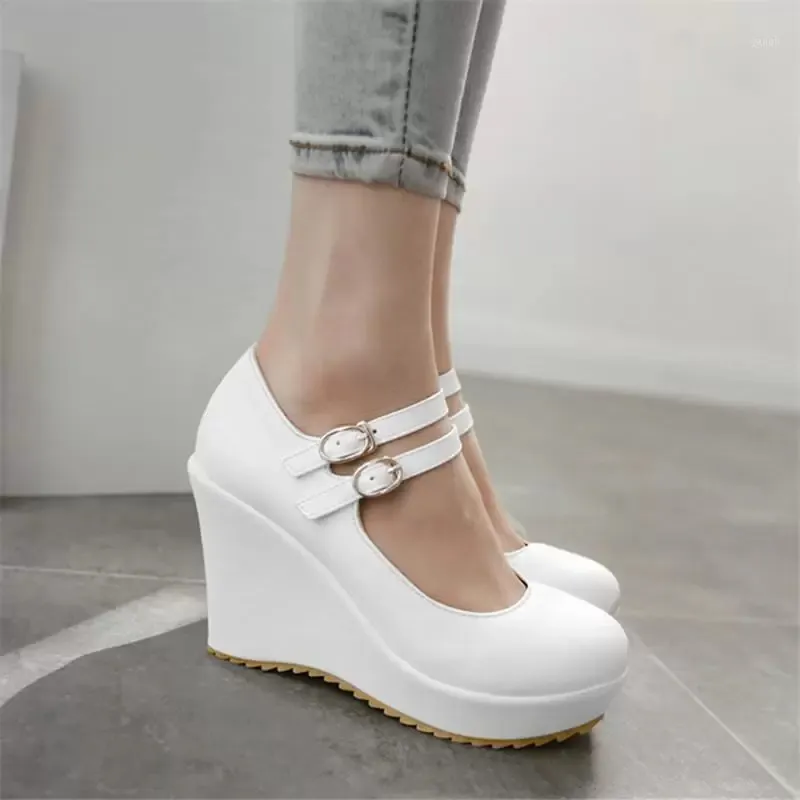 Dress Shoes Women High Heels Wedges Platform Round Toe White Black Wedding Party Shoes