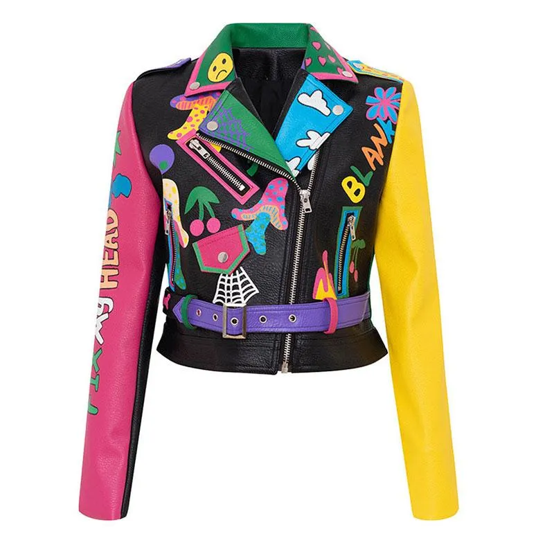 Women's Jackets Women Club Style Graffiti Pattern Pu Leather Jacket For Fire And Rainbow Print Woman Motorcycle Short Outwear