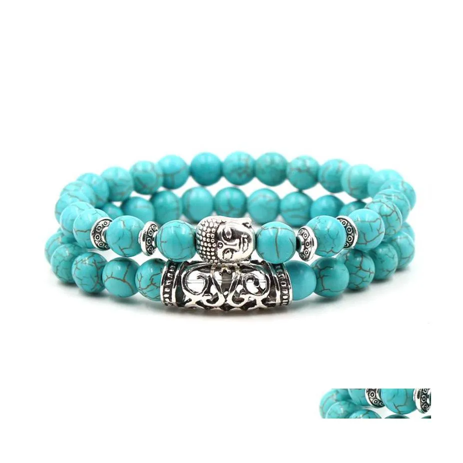 Beaded Strands Turquoises Bracelets Buddha Head Charm Bracelet Pack Stone Beads Set Drop Delivery Jewelry Dhp2U