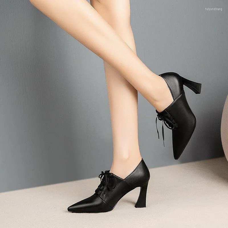 Dress Shoes High Heels Hoof Pumps Women Lace Up PU Leather Female Fashion Pointed Toe OL Autumn Black Talon Femme