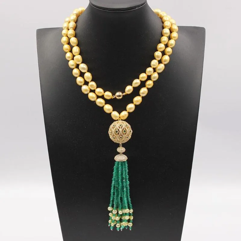 Chains GuaiGuai Jewelry Cultured Golden Rice Pearl Necklace CZ Ball Connetor Yellow Green Agates Tassel Pendant Handmade For Lady