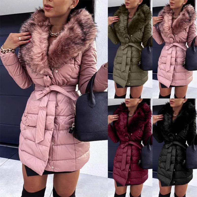 Women's Trench Coats Women's Winter Plus Size Jacket Fashion Bowknot Belt Faux Fur Collar Solid Color Warm Thick Slim Long