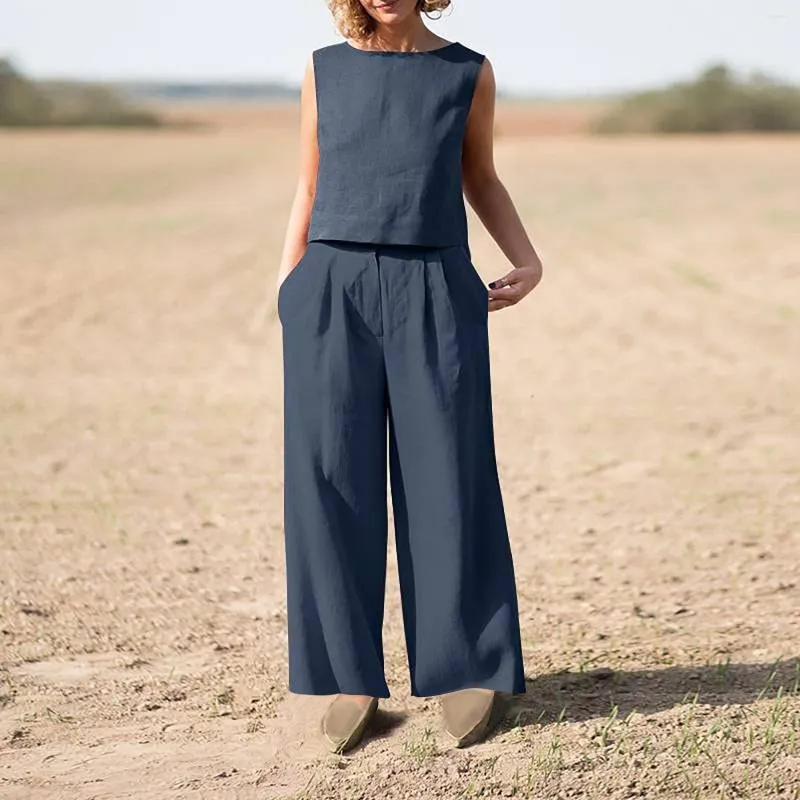 Pantaloni due pezzi da donna Estate 2 completi da donna Cotone Lino Tinta unita O-Collo Casual Gilet senza maniche Vita alta Gamba larga Con tasca