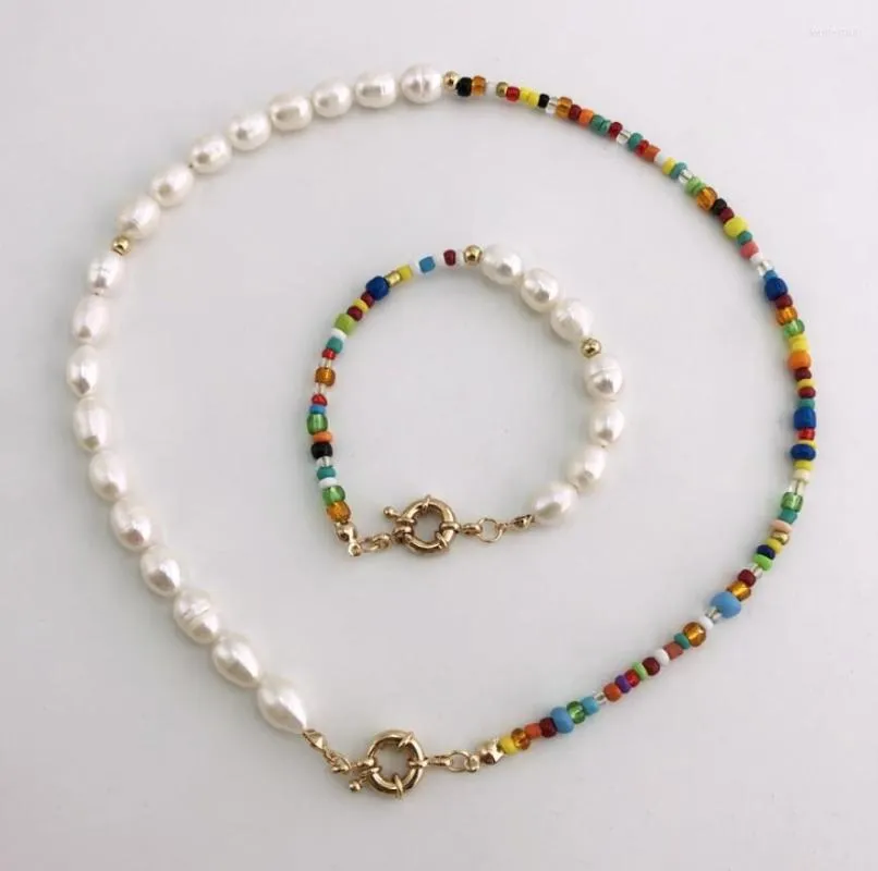 Necklace Earrings Set 2023 Fashion Real Pearl Jewelry Bohemian Multi-Color Glass Beads Freshwater And Bracelet For Women Party