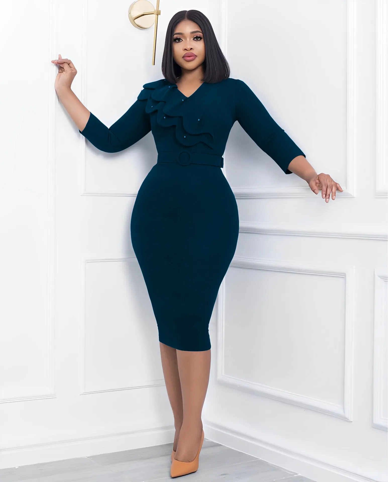 Autumn V-Neck Solid Long Sleeve Pencil Dress for Women from