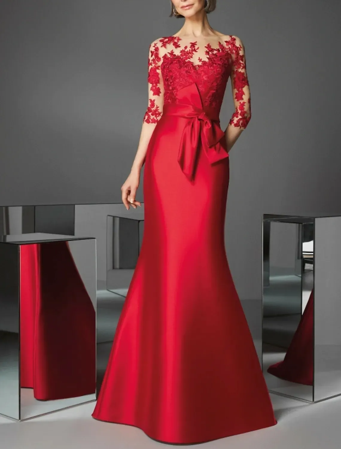 Czerwona sukienka wieczorna syrena pół rękawu Szyna Satynowe koronkowe aplikacje Promowe suknie Eleganckie szaty de soiree vestidos de fiast 2023