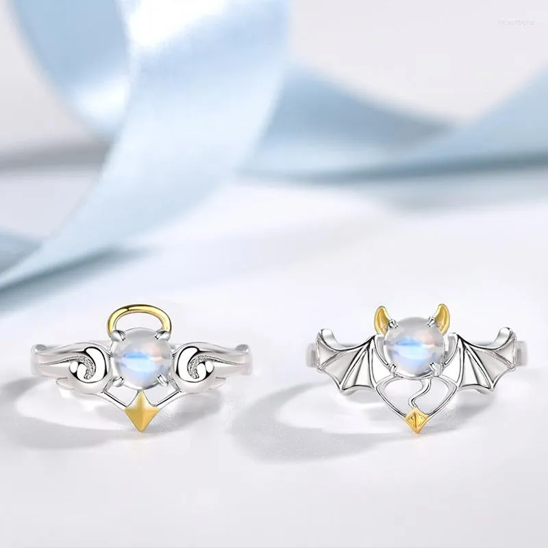 Cluster Rings Couple Silver Color Angel Little Devil Moonstone Open Ring Fashion Trend Jewelry Gift JZ180