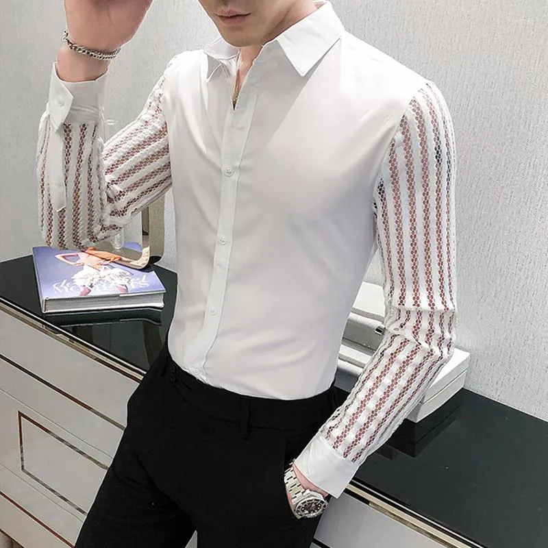 Men's Dress Shirts 2023 Men Lace Perspective Shirt Party Prom Hollow Patchwork Long Sleeve Tuxedo Nightclub Casual Social