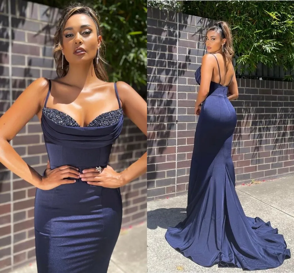 Elegant Dark Navy Grote Maten Zeemeermin Avondjurken voor Formele Gelegenheden Spaghettibandjes Kralen Pailletten Vloer Lengte Avond Party Pageant Celebrity Jurken