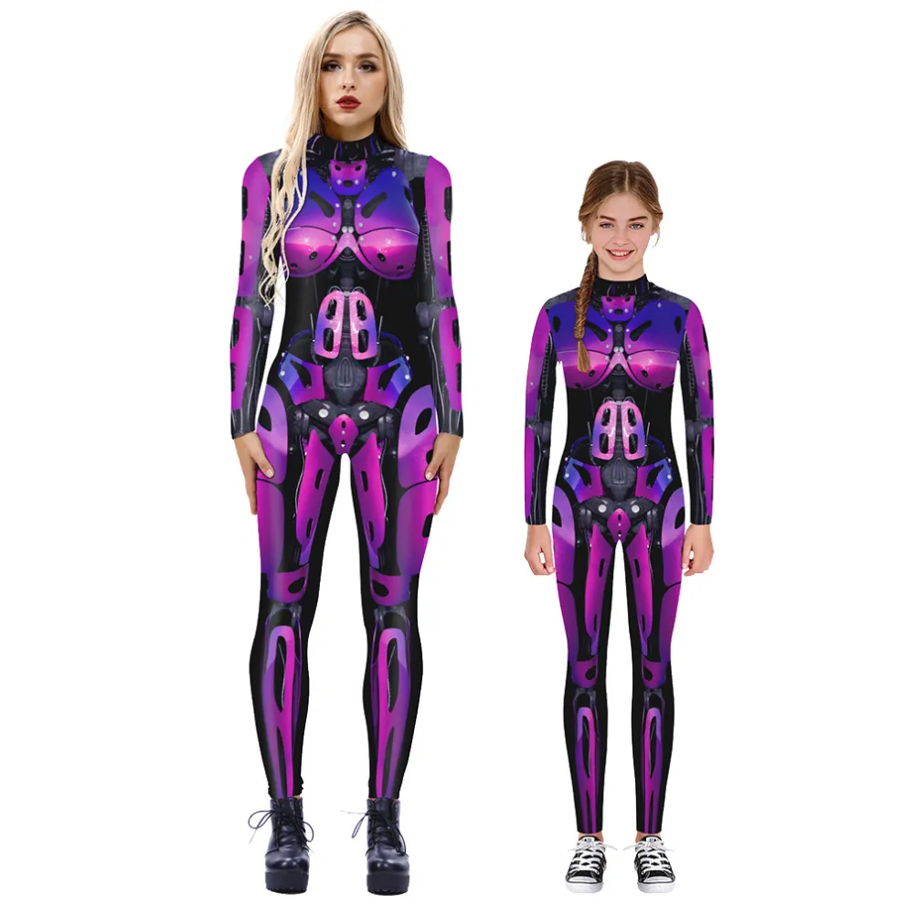 Meia-calça robô mecânica com impressão 3D, fantasia tema de palco para cosplay, macacão feminino roxo azul