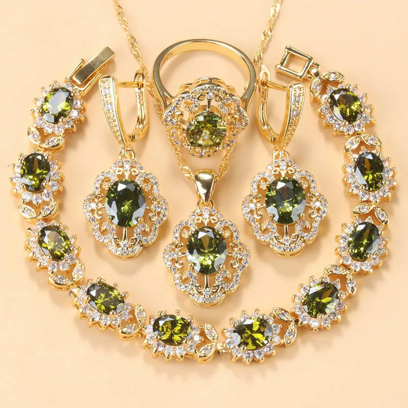 Bruiloft sieraden sets 10-kleuren kubieke zirkonia vrouwen accessoires goud vergulde olijfgroen zirkonia bedelarmband en ring sieraden sets 230211