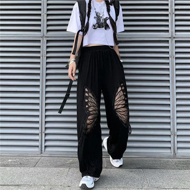 Women's Pants Wide Leg Women Harajuku Y2k High Waist Trendy BF Style Teens Oversized Trousers Butterfly Cutout Casual Womens Streetwear