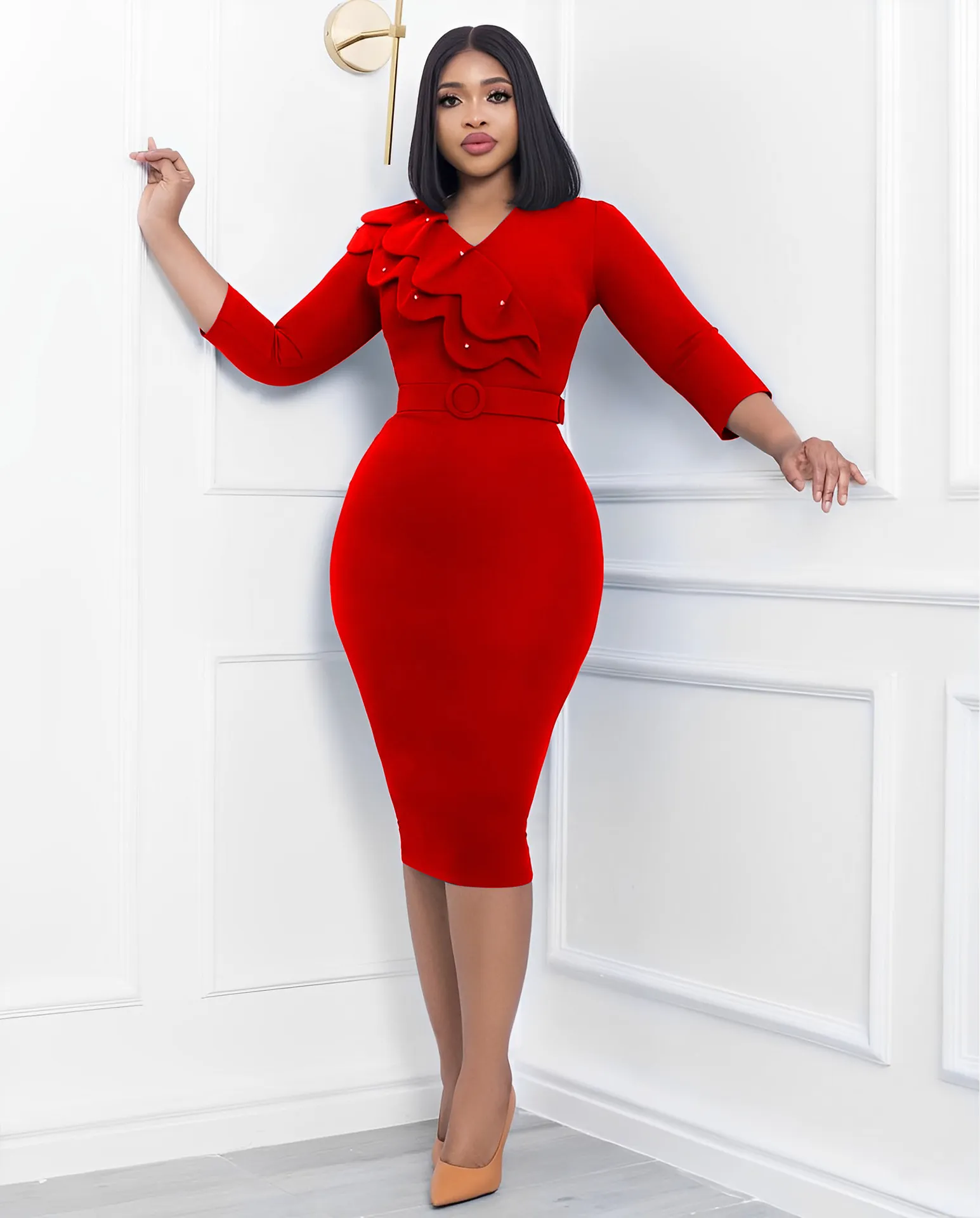 Autumn V-Neck Solid Long Sleeve Pencil Dress for Women from