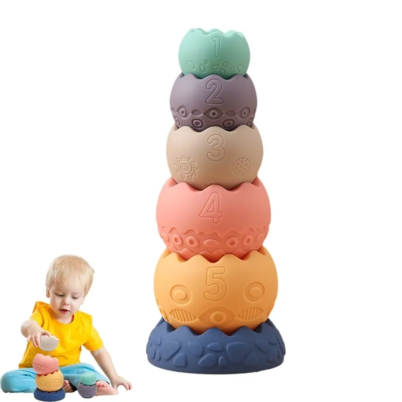 Blöcke 6 Stücke Baby Silikon Gestapelt Spielzeug Montessori Bildung Stapeln Weiches Gummi Ein Freier Säugling Beißring Kind Baustein 230213