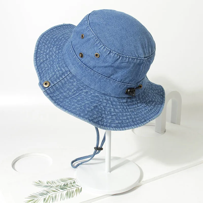 Vrouwen denim visser emmer hoeden zomer dop brede rand riem verstelbaar strand casual zon hoed volwassen bassin caps m4276