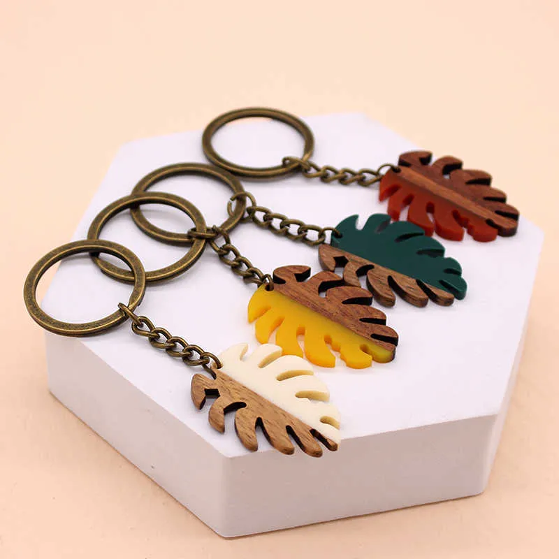 Key Rings Wooden Leaf Plant Keychain Key Ring For Women Men Couple Gift New Unique Resin Wood Splice Bag Car Key Charm Accessories Jewelry G230210