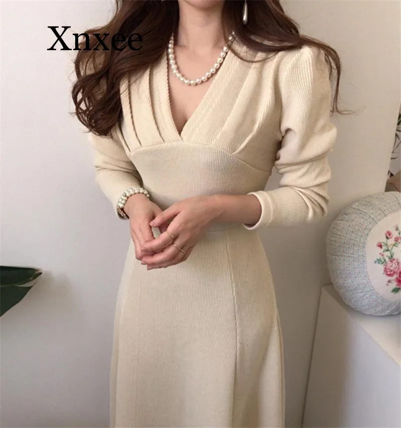 Casual klänningar Elegant 2023 Winter Spring Simple Solid Women Sweater Dress V-Neck långärmad elastisk smal midja stickad kvinna