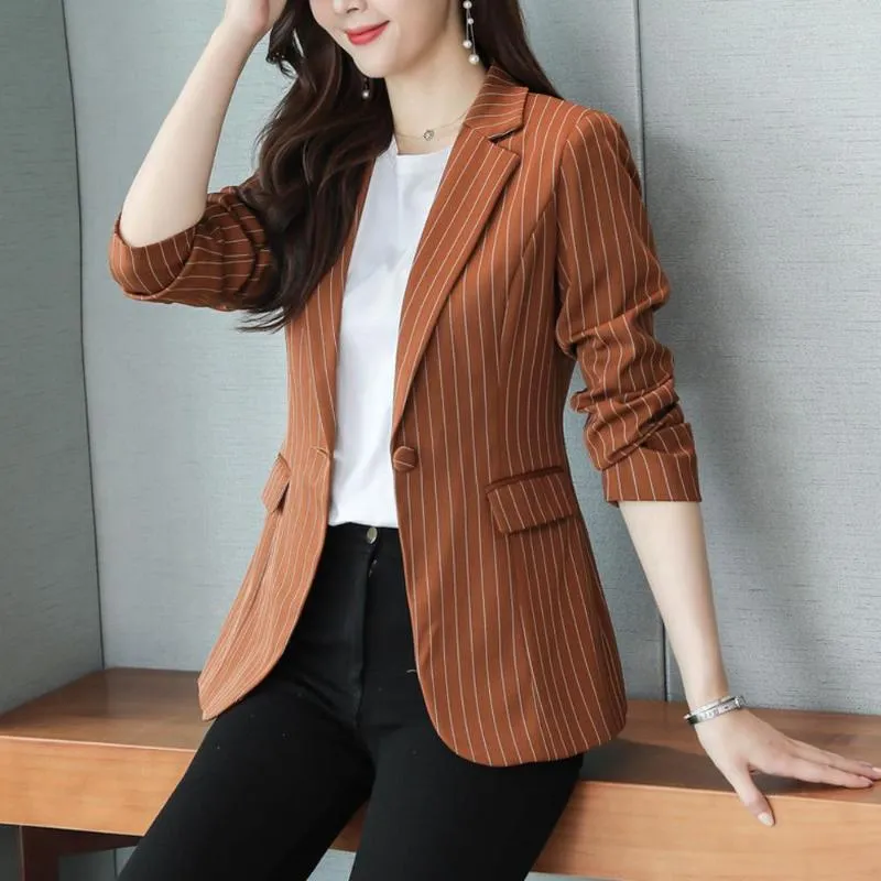 Women's Suits Women Chic Office Lady Striped Blazer Vintage Simple Slim Coat Fashion Notched Collar Long Sleeve Female Outerwear Stylish