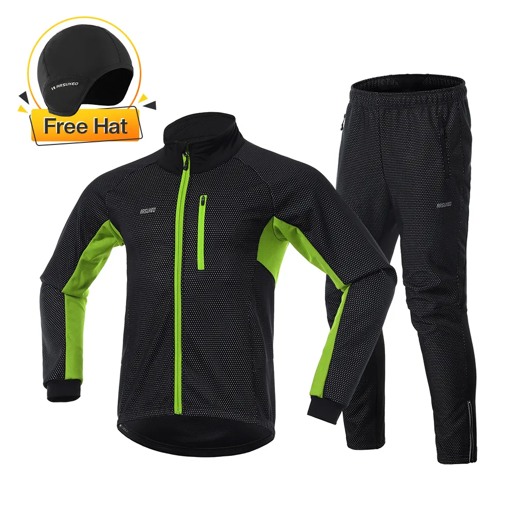 Camicie da ciclismo Top ARSUXEO Uomo Giacca termica calda da ciclismo Set Frangivento Giacca da bici impermeabile Pantalone da bicicletta Abbigliamento da ciclismo Moto 230213