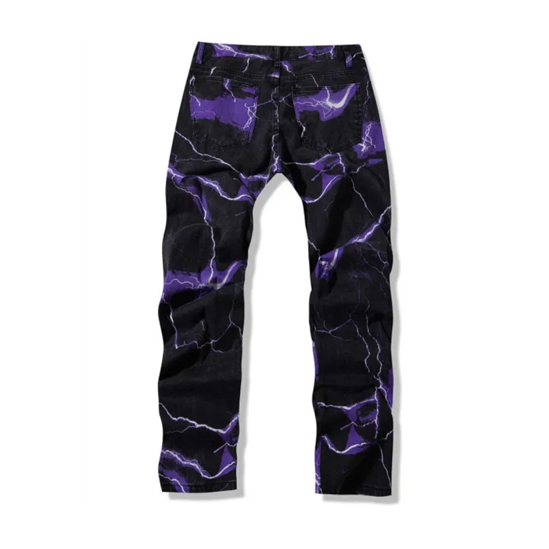 Printed Jeans Lightning Pants Purple Mens Hip Hop Jeans, Tie Dye
