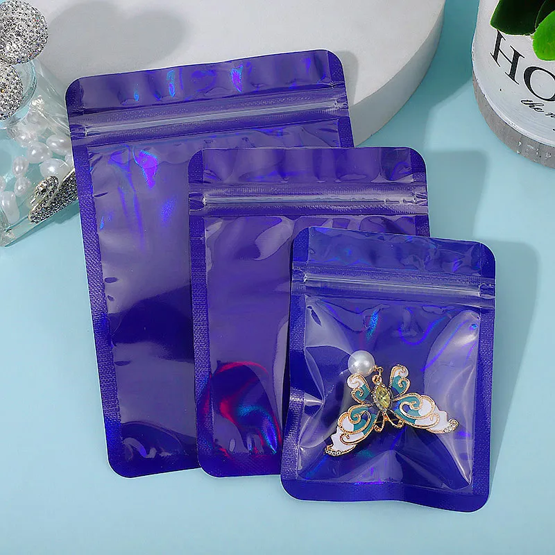 Laser Zipper Bags Hologram Iridescent Pouches Resealable Plastic Packaging Bag Cosmetic Trinkets Jewelry Storage Bag LX5428