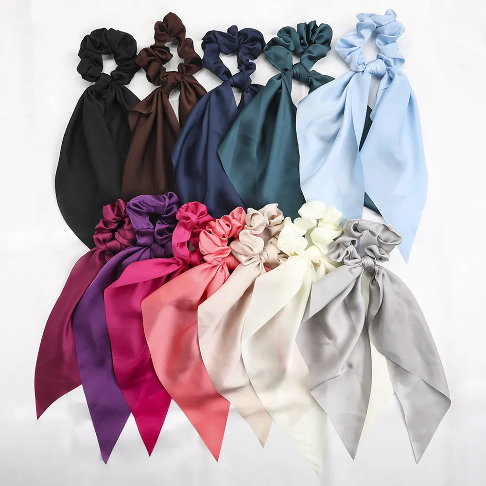 Fashion Korean Bow-Knot Ribbon Hair Ties Scrunchies Women Girls Elastic Hair Bands Hair Band Long Ribbon Bow Ponytail Hair Accessories 1621