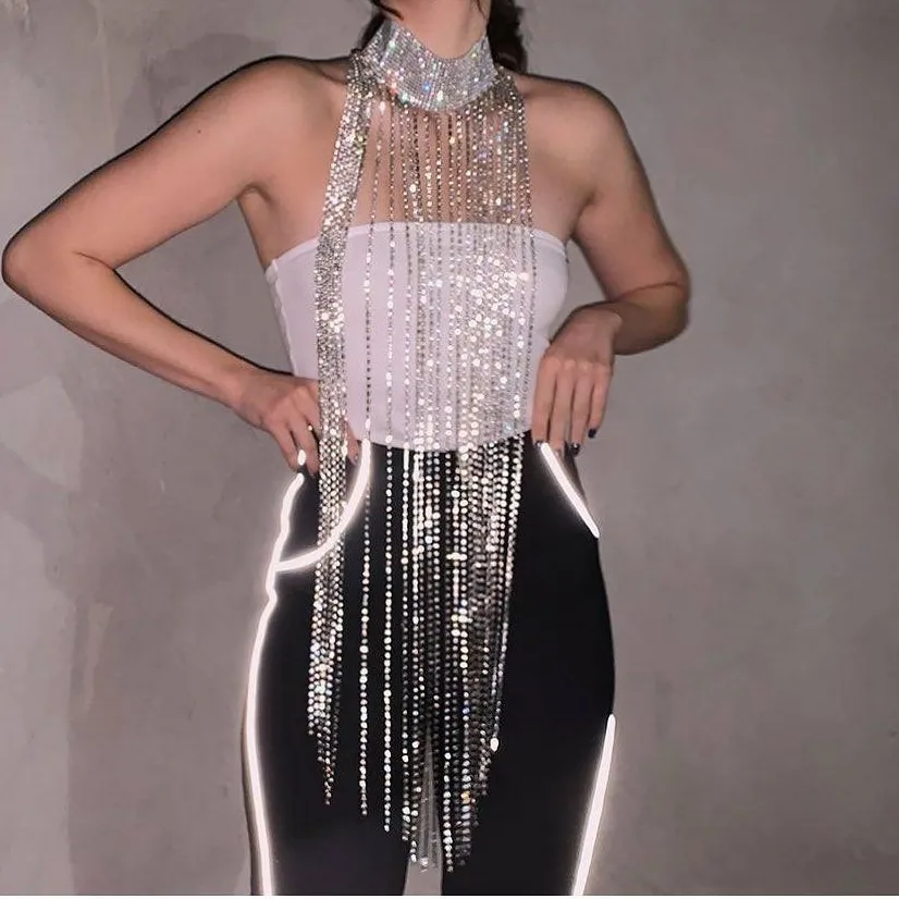 Akcesoria do kostiumów Bling Diamante metalowy łańcuszek z frędzlami regulowany Choker przepuszczalność Hollow Out Cover Up Top nocna impreza klubowa seksowne łańcuszki